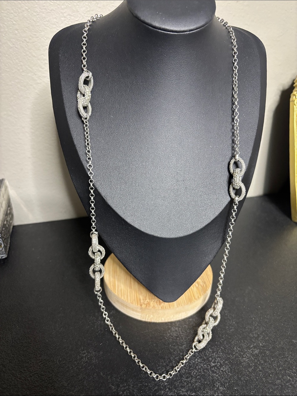 Banana Republic Long Silver Link Necklace with Pave-Set Accents
